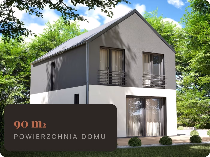 Nowoczesny dom jednorodzinny o powierzchni 90 m2 w zabudowie Domy Myskowice, z szarą elewacją, białym podciągiem, dużymi przeszkleniami i otoczeniem zieleni